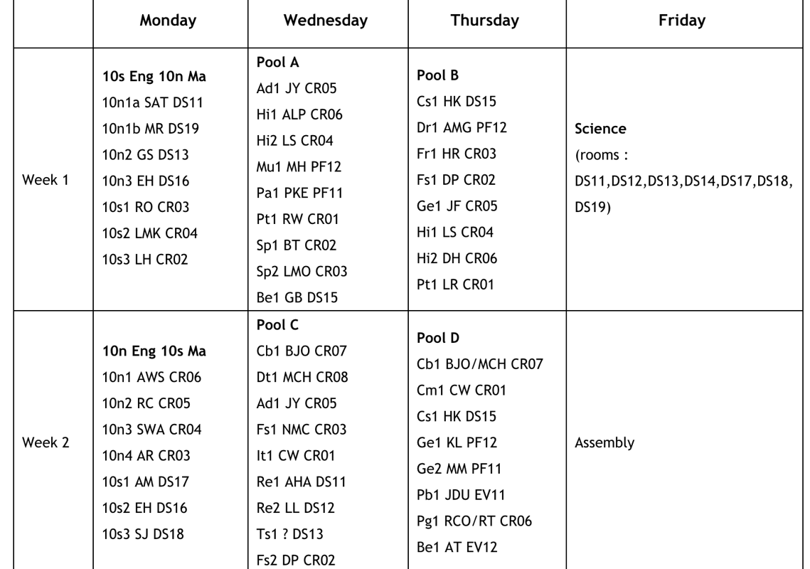 Image of Year 10 Keep Up Session Timetable