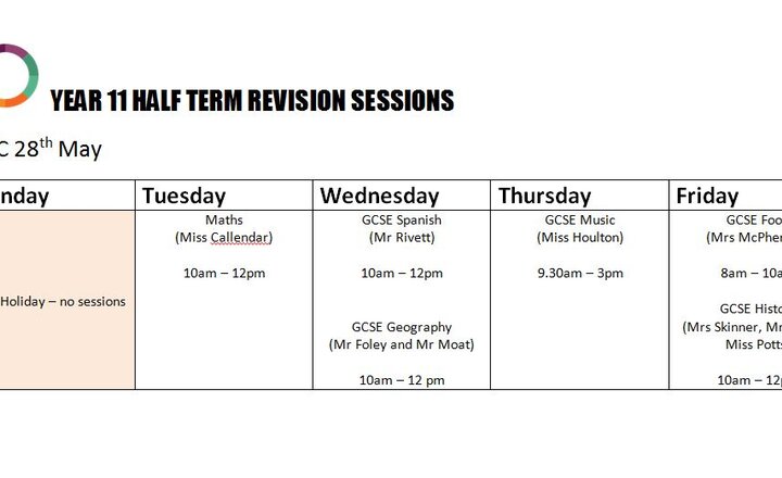 Image of May half term revision timetable for Year 11