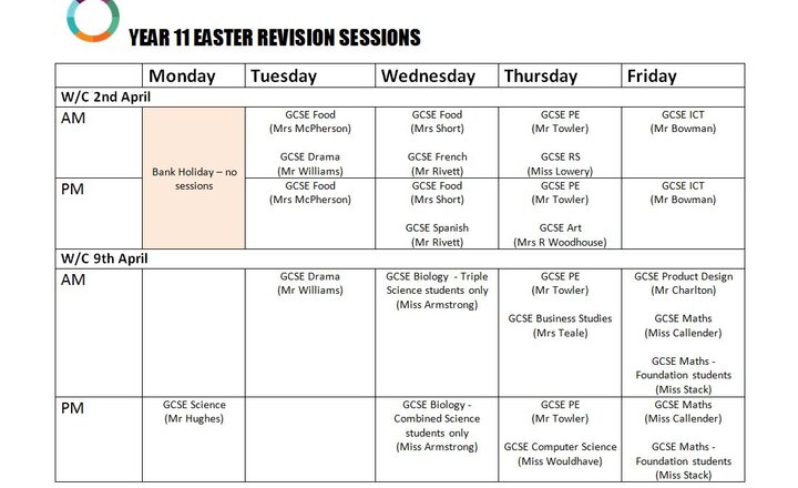 Image of Year 11 Easter Revision Timetable 